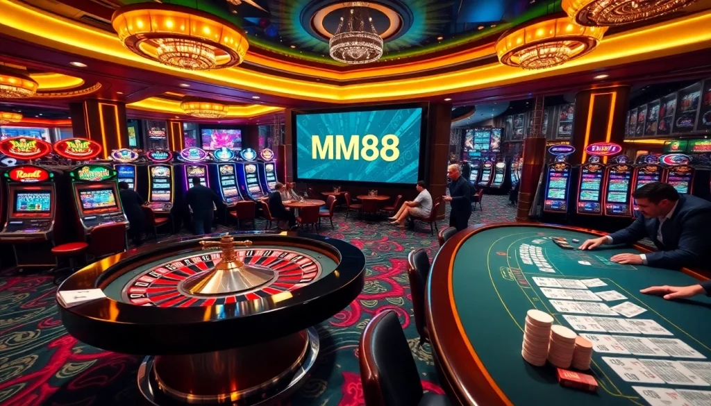 Experience the excitement of MM88 with vibrant casino tables and players enjoying thrilling games.