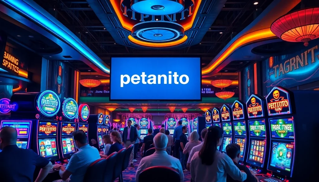 Menampilkan logo petanitoto dalam suasana bermain yang meriah di kasino.