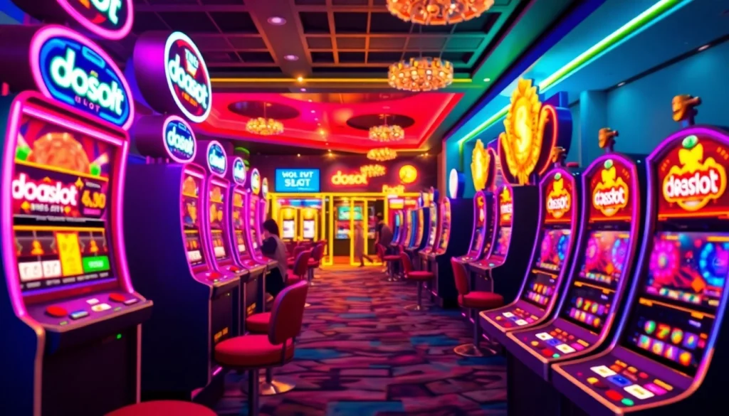 Exciting gaming scene with doaslot slot machines in a vibrant casino atmosphere.