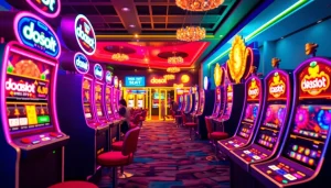 Exciting gaming scene with doaslot slot machines in a vibrant casino atmosphere.