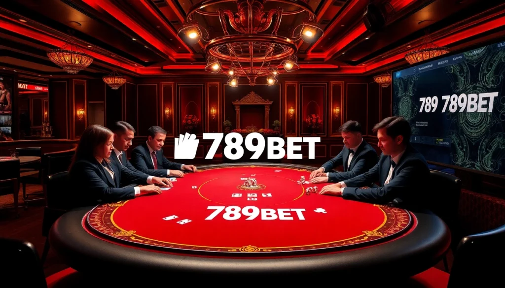 Professional poker players engaging with 789BET at a luxurious casino table.