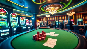 Engage in thrilling gaming at Okfun's luxurious casino scene featuring vibrant slot machines and a poker table.