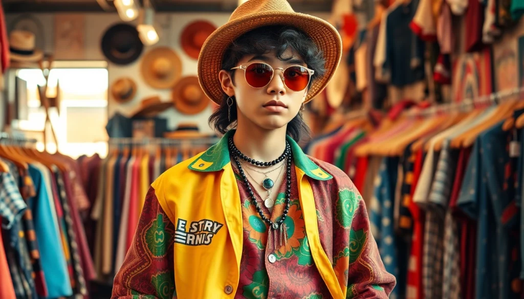 Showcasing stylish vintage outfits from https://thrift-vintage.com with colorful fabrics and accessories.