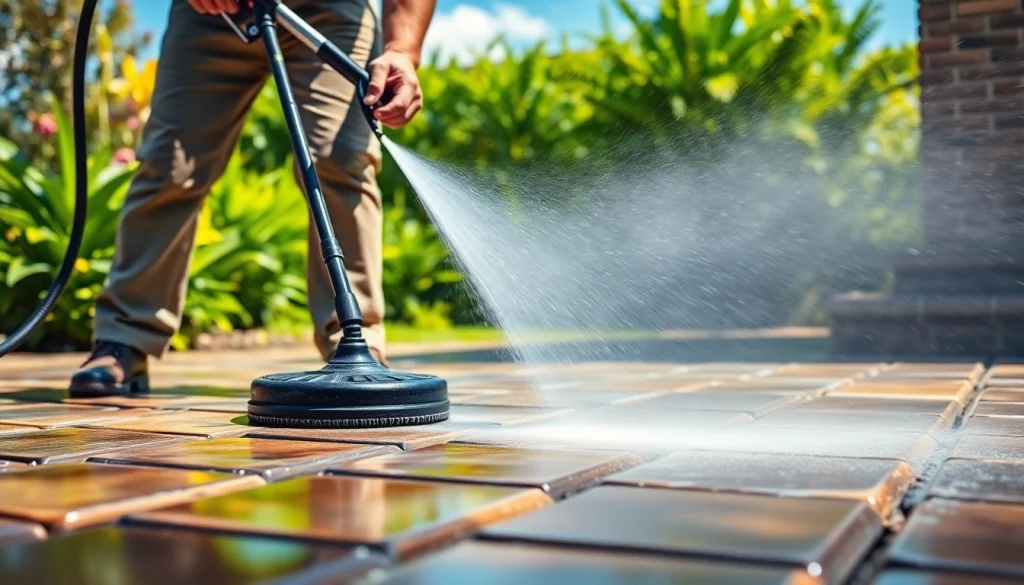 Profesionalno čiščenje tlakovcev, ki prikazuje učinkovito čiščenje tlakovcev.