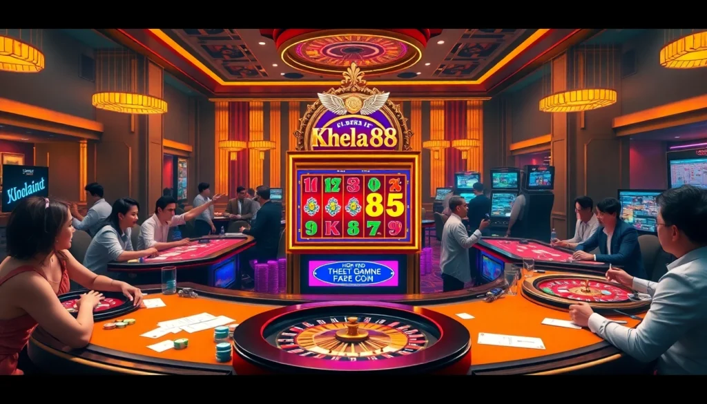 Khela88 slot machine highlighted in a luxurious casino setting with poker tables and chips.