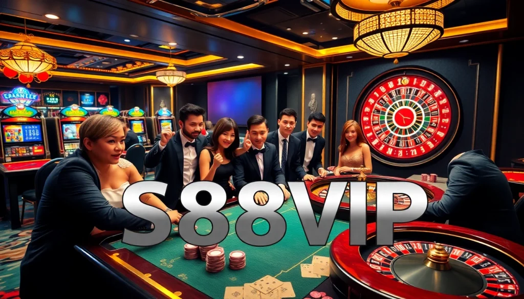 S88VIP casino scene with players at poker table and colorful slot machines.