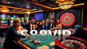 S88VIP casino scene with players at poker table and colorful slot machines.