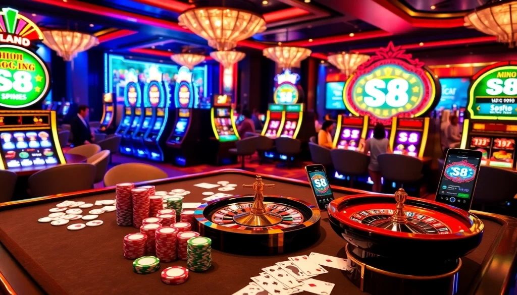 Experience the excitement of Nhà Cái S8 at a luxury casino table with vibrant gaming elements.
