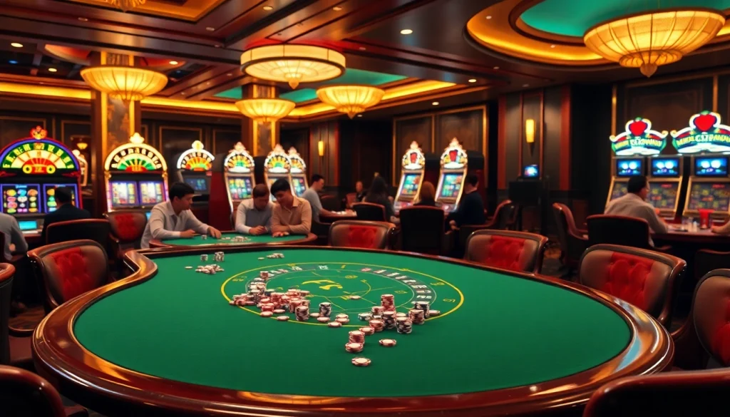 MM88 casino table with players strategizing in a luxurious gambling environment.