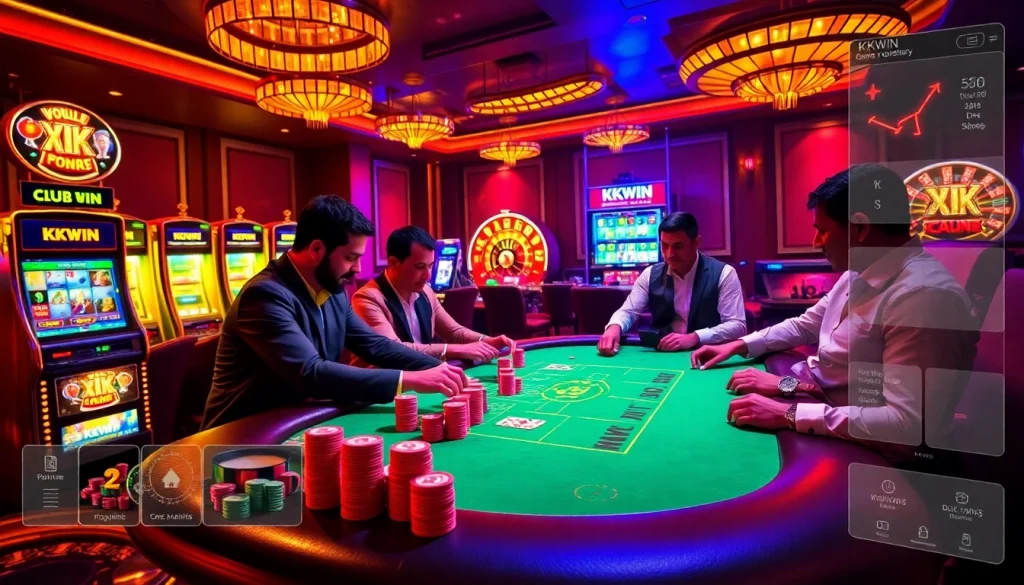 KKWIN gaming table with poker action and vibrant slots in a luxury casino setting.
