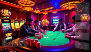 KKWIN gaming table with poker action and vibrant slots in a luxury casino setting.