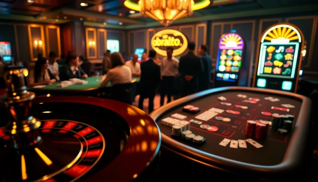 Experience thrilling gaming at obraltoto with vibrant tables, poker chips, and roulette wheels.