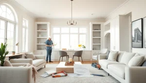 Home renovation project showcasing a contractor improving a living room's cabinetry and décor.