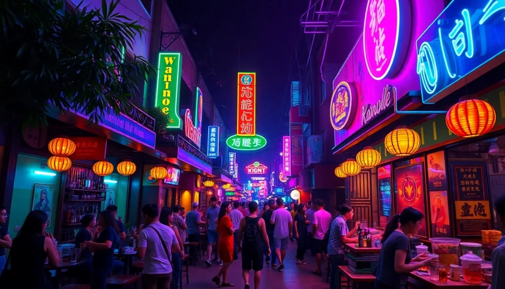 Captivating nightlife atmosphere showcasing 베트남밤문화 with vibrant bars and colorful neon lights in Vietnam.