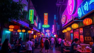 Captivating nightlife atmosphere showcasing 베트남밤문화 with vibrant bars and colorful neon lights in Vietnam.