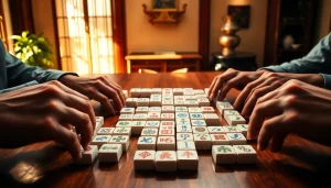 Mahjong yang dimainkan dengan elegan dan tangan pemain siap untuk bergerak.