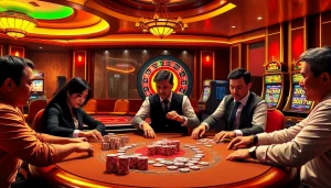 UU88 players enjoying an exciting poker game in a vibrant casino atmosphere.