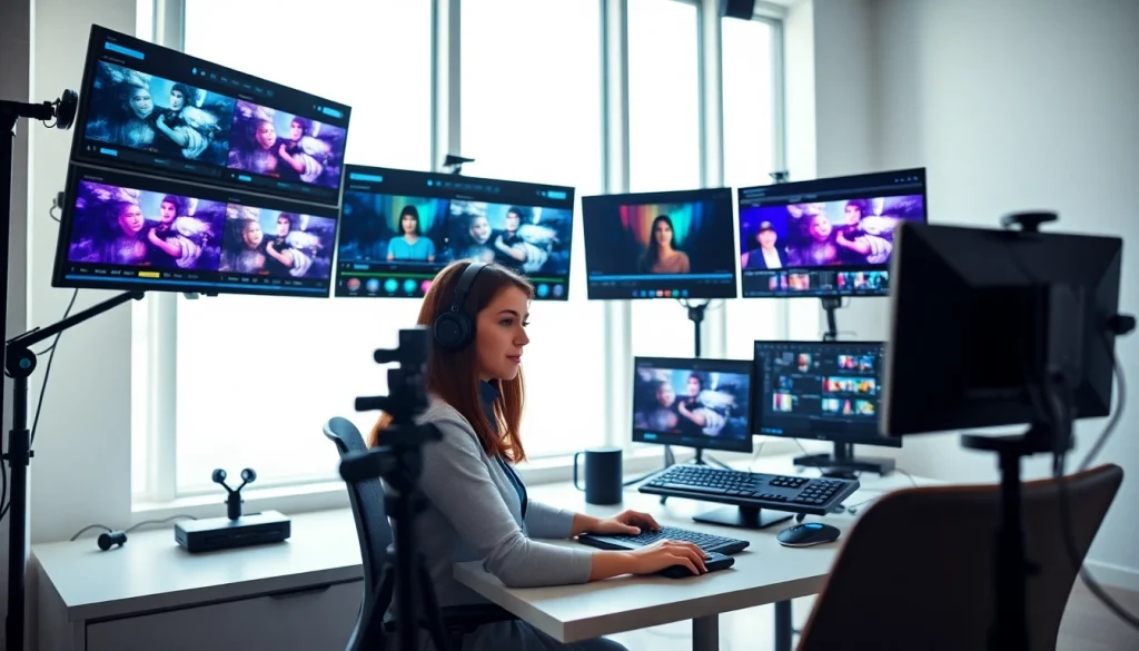 Showcasing professional video editors working in a modern studio environment with vibrant visuals.