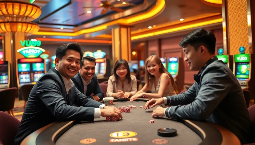 Players enjoy the Vua99 fishing game in a vibrant casino atmosphere with excitement and luxury.