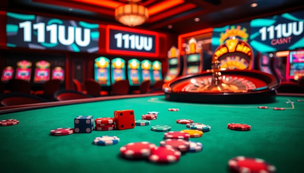 Experience thrilling gambling at 11UU with vibrant poker chips, dice, and roulette.