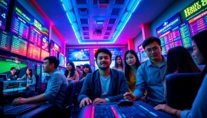 Hello88 online gaming scene showcasing players in an exciting, professional environment with vibrant digital interfaces.