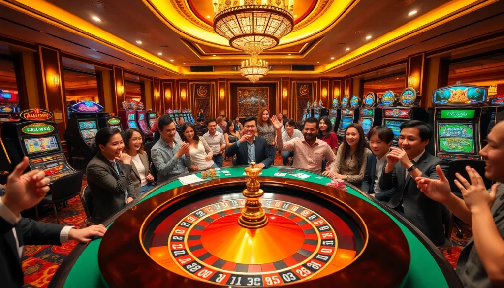 Players enjoying classic games at uu88's luxurious casino scene filled with roulette and card tables.
