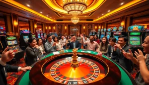 Players enjoying classic games at uu88's luxurious casino scene filled with roulette and card tables.