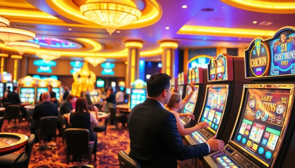 Excited players enjoying nổ hũ kkwin slot games in a vibrant casino atmosphere.