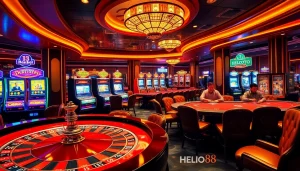 Experience the thrill of gambling at Hello88 with vibrant casino tables, cards, and poker chips.