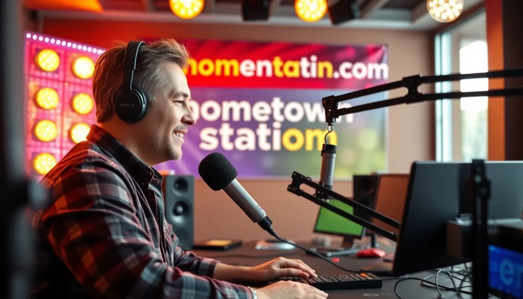 Engaging radio broadcast at hometownstation.com with a dynamic host and vibrant sound setup.