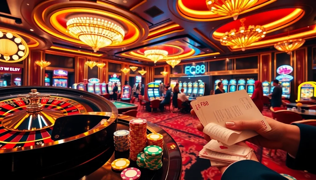 Experience the excitement of winning at FC88 casino with vibrant tables and glowing slot machines.