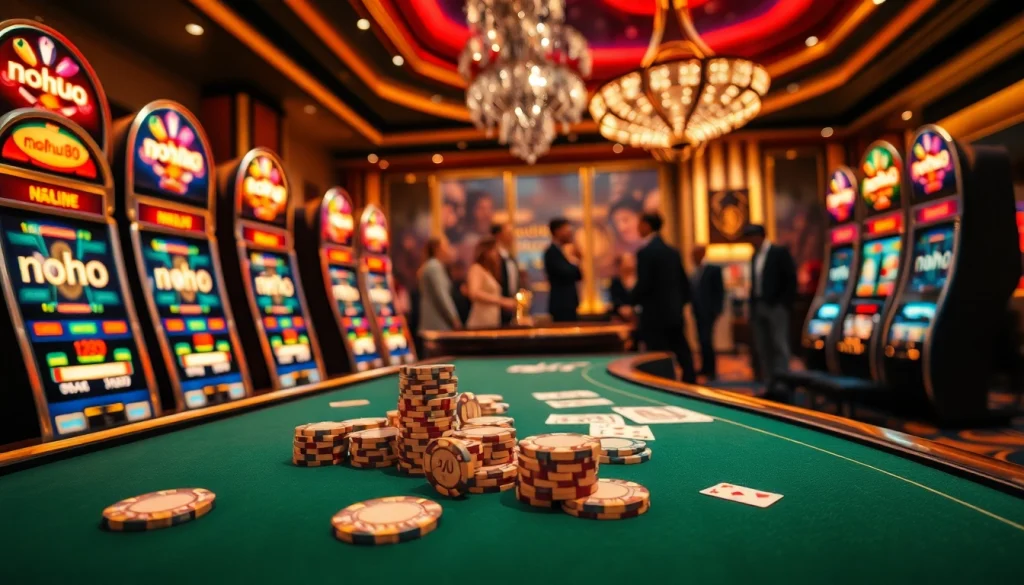 Players engaging in thrilling games at a luxury casino featuring nohu90 slot machines and vibrant poker tables.