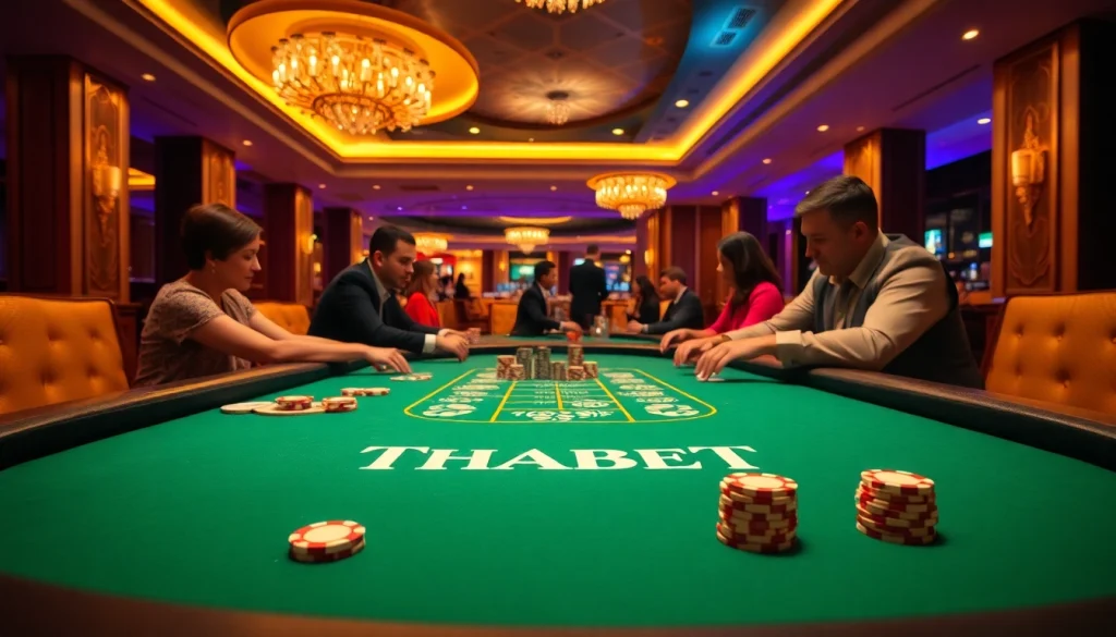 Thabet poker game showcasing excitement with players at an elegant casino table.