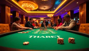 Thabet poker game showcasing excitement with players at an elegant casino table.