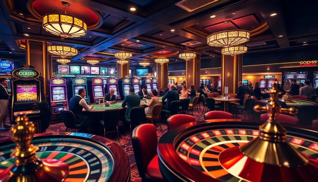 Exciting gaming scene at God345 casino showcasing players at poker tables and bustling slot machines.