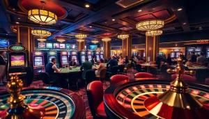 Exciting gaming scene at God345 casino showcasing players at poker tables and bustling slot machines.