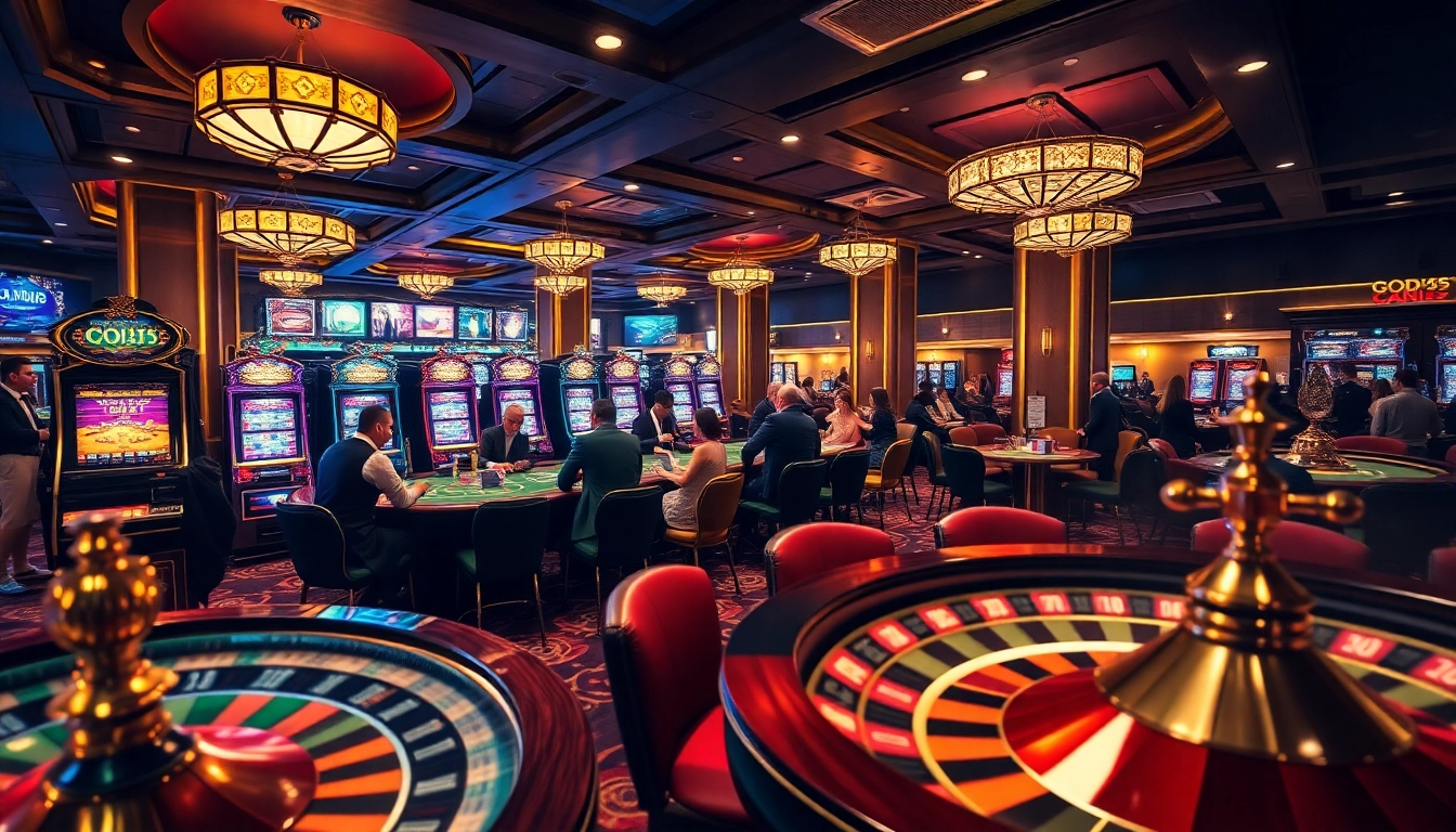 Exciting gaming scene at God345 casino showcasing players at poker tables and bustling slot machines.