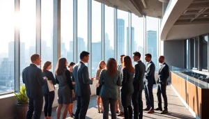 Showcasing professionals engaging in industrial leasing discussions in modern office space.