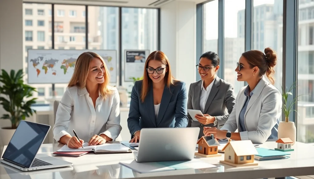 Engaging real estate agents collaborating in a modern office environment.