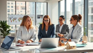 Engaging real estate agents collaborating in a modern office environment.