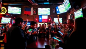 Engaged fans enjoying sports betting in Texas while placing bets in a vibrant bar atmosphere.