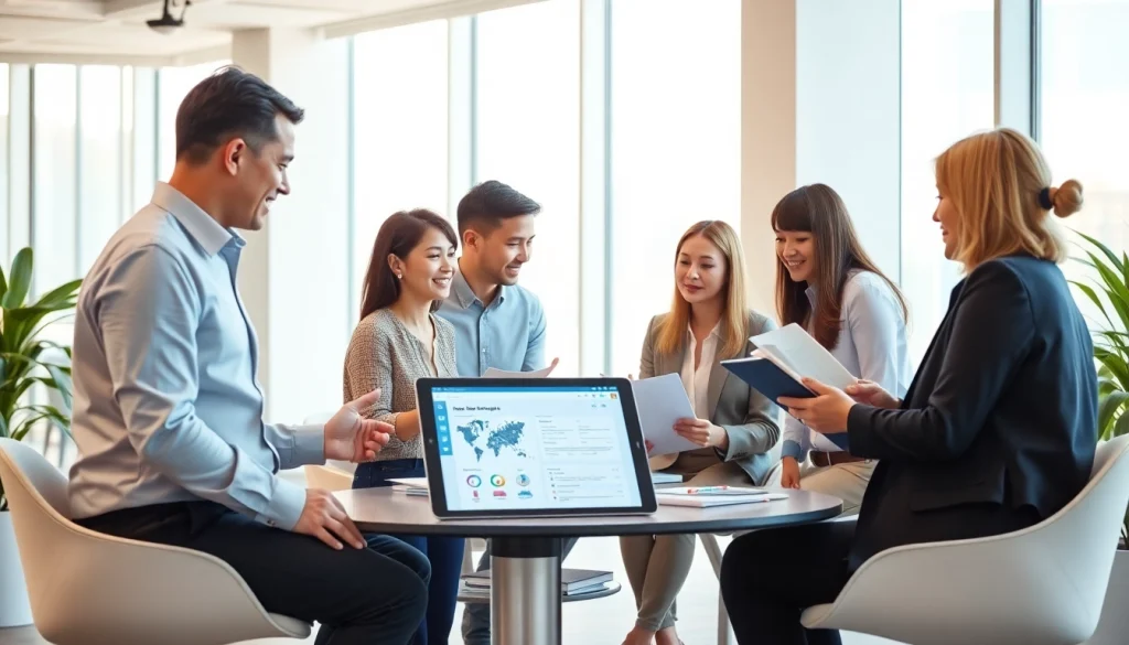 Engaging professionals using youdao翻译 AI technology in a modern office for seamless multilingual collaboration.