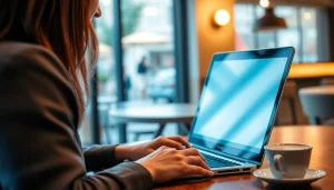 Una persona que busca maneras de hacer dinero online con su laptop en un café.