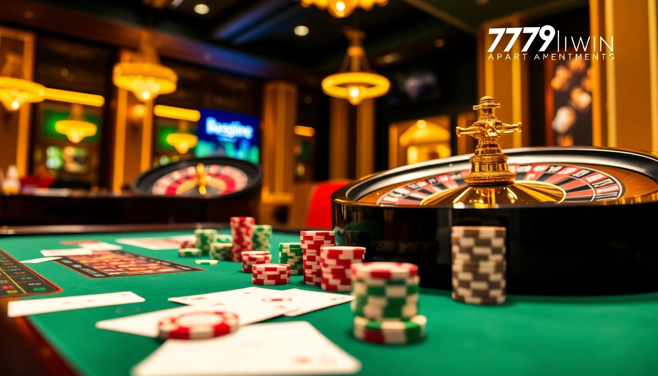 Experience the excitement of online gambling at https://789win.apartments/, featuring a lively casino scene with roulette and poker elements.