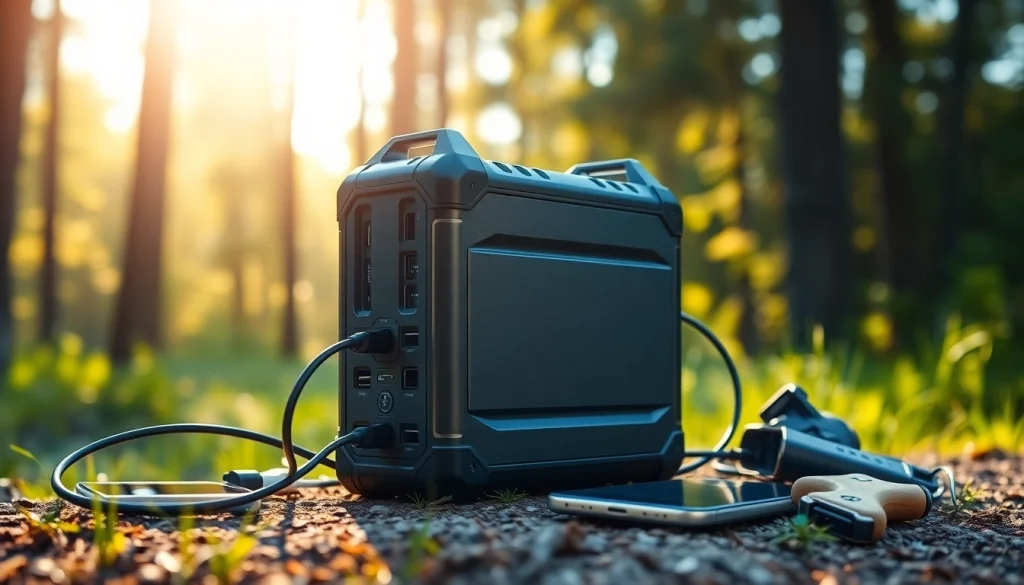 Showcasing a portable power station outdoors with various devices connected, highlighting adventure.