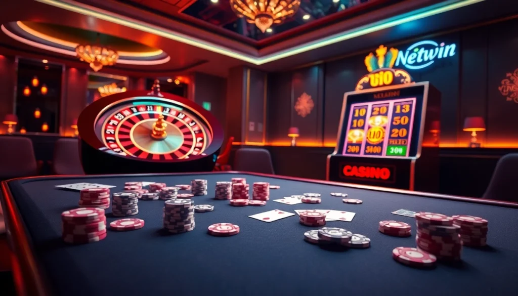 Netwin online casino interface showcasing a vibrant roulette wheel and slot machine.