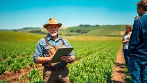Discussing agricultural law with a farmer in a vibrant field.