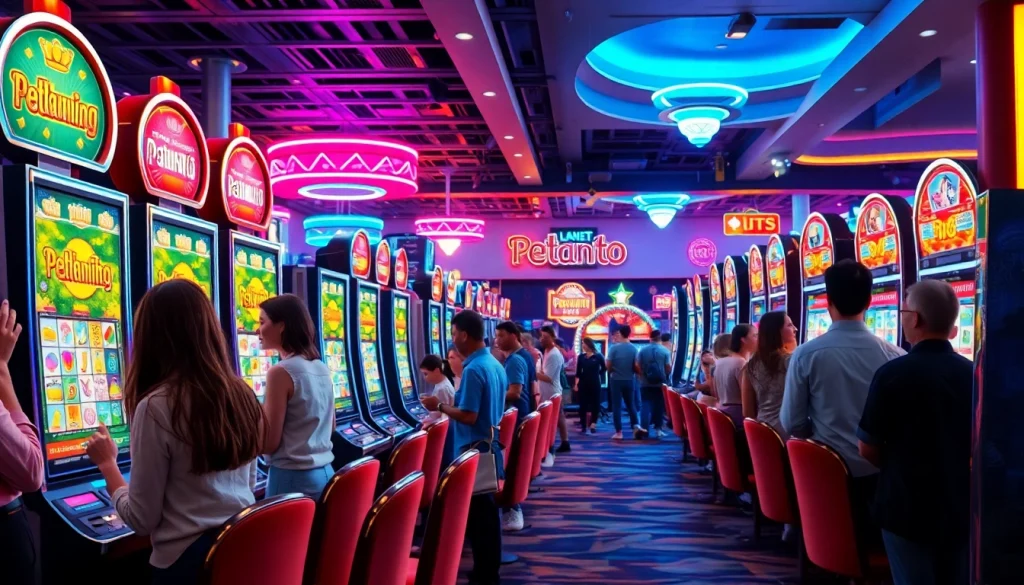 Menampilkan petani toto dalam suasana kasino digital yang ceria dan penuh warna.