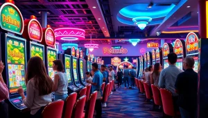 Menampilkan petani toto dalam suasana kasino digital yang ceria dan penuh warna.