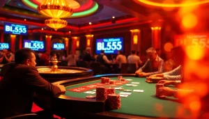 Experience the excitement of BL555 at a luxurious poker table with colorful chips and cards.